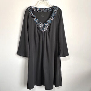 Prana Dress L Charcoal Gray Tie Back Long Sleeve Stretch Knit Active Paisley‎